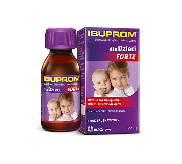 Ibuprom dla dzieci Forte 100 ml zawiera ibuprofen 40 mg/ml, dla dzieci od 3 miesiąca życia, zawiesina o smaku truskawkowym.